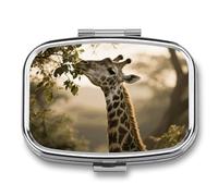 Portable Pill Organizer Giraffe Eating Leaves Small Pill Box 2 Compartment Medicine Vitamin Organizer Travel Medicine Organizer with Mirror & Button Closure Cute Medication Case for Purse