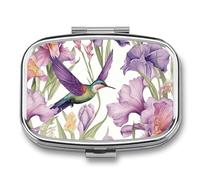 Portable Pill Organizer Hummingbirds Irises Flowers Small Pill Box 2 Compartment Medicine Vitamin Organizer Travel Medicine Organizer with Mirror & Button Closure Cute Medication Case for Purse