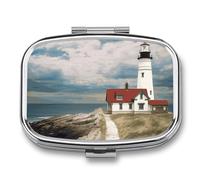 Portable Pill Organizer Lighthouse Backdrop Small Pill Box 2 Compartment Medicine Vitamin Organizer Travel Medicine Organizer with Mirror & Button Closure Cute Medication Case for Purse