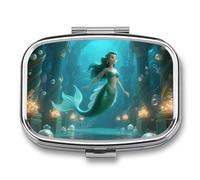 Portable Pill Organizer Mermaid in Underwater Palace Small Pill Box 2 Compartment Medicine Vitamin Organizer Travel Medicine Organizer with Mirror & Button Closure Cute Medication Case for Purse