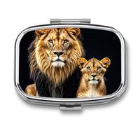 Portable Pill Organizer Mother Lion and Young Lion Small Pill Box 2 Compartment Medicine Vitamin Organizer Travel Medicine Organizer with Mirror & Button Closure Cute Medication Case for Purse