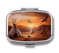 Portable Pill Organizer Native American Tribes Small Pill Box 2 Compartment Medicine Vitamin Organizer Travel Medicine Organizer with Mirror & Button Closure Cute Medication Case for Purse