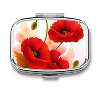 Portable Pill Organizer Poppy Flowers Vivid Petals Small Pill Box 2 Compartment Medicine Vitamin Organizer Travel Medicine Organizer with Mirror & Button Closure Cute Medication Case for Purse