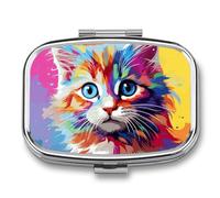 Portable Pill Organizer Rainbow Cartoon Cat Small Pill Box 2 Compartment Medicine Vitamin Organizer Travel Medicine Organizer with Mirror & Button Closure Cute Medication Case for Purse
