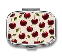 Portable Pill Organizer Red Cherry Small Pill Box 2 Compartment Medicine Vitamin Organizer Travel Medicine Organizer with Mirror & Button Closure Cute Medication Case for Purse