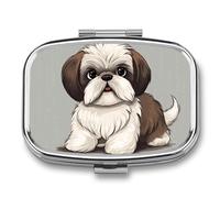 Portable Pill Organizer Shih Tzu Dog Small Pill Box 2 Compartment Medicine Vitamin Organizer Travel Medicine Organizer with Mirror & Button Closure Cute Medication Case for Purse