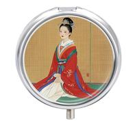 Portable Pill Organizer Small Pill Box Asian Ladies 3 Compartment Medicine Vitamin Organizer Travel Medicine Organizer with Mirror & Button Closure Cute Medication Case for Purse