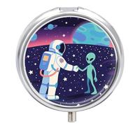 Portable Pill Organizer Small Pill Box Astronaut Meets Alien 3 Compartment Medicine Vitamin Organizer Travel Medicine Organizer with Mirror & Button Closure Cute Medication Case for Purse