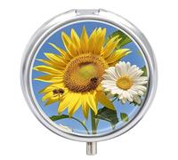Portable Pill Organizer Small Pill Box Bees Sunflowers Daisy Rose Flowers 3 Compartment Medicine Vitamin Organizer Travel Medicine Organizer with Mirror & Button Closure Cute Medication Case for Purse