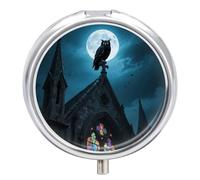Portable Pill Organizer Small Pill Box Black Owl on Church 3 Compartment Medicine Vitamin Organizer Travel Medicine Organizer with Mirror & Button Closure Cute Medication Case for Purse
