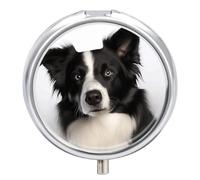 Portable Pill Organizer Small Pill Box Border Collie 3 Compartment Medicine Vitamin Organizer Travel Medicine Organizer with Mirror & Button Closure Cute Medication Case for Purse