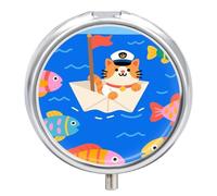 Portable Pill Organizer Small Pill Box Captain - Cat on Paper - Boat 3 Compartment Medicine Vitamin Organizer Travel Medicine Organizer with Mirror & Button Closure Cute Medication Case for Purse