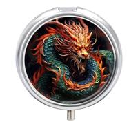 Portable Pill Organizer Small Pill Box Chinese Dragon 3 Compartment Medicine Vitamin Organizer Travel Medicine Organizer with Mirror & Button Closure Cute Medication Case for Purse