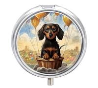 Portable Pill Organizer Small Pill Box Dachshund Hot Air Balloon 3 Compartment Medicine Vitamin Organizer Travel Medicine Organizer with Mirror & Button Closure Cute Medication Case for Purse