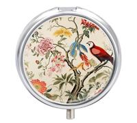 Portable Pill Organizer Small Pill Box Flowers and Birds 3 Compartment Medicine Vitamin Organizer Travel Medicine Organizer with Mirror & Button Closure Cute Medication Case for Purse