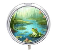 Portable Pill Organizer Small Pill Box Frog in A Pond 3 Compartment Medicine Vitamin Organizer Travel Medicine Organizer with Mirror & Button Closure Cute Medication Case for Purse
