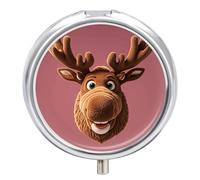 Portable Pill Organizer Small Pill Box Funny Christmas Moose Head 3 Compartment Medicine Vitamin Organizer Travel Medicine Organizer with Mirror & Button Closure Cute Medication Case for Purse