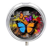 Portable Pill Organizer Small Pill Box Graffiti Butterfly 3 Compartment Medicine Vitamin Organizer Travel Medicine Organizer with Mirror & Button Closure Cute Medication Case for Purse