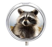 Portable Pill Organizer Small Pill Box Hairy Raccoon 3 Compartment Medicine Vitamin Organizer Travel Medicine Organizer with Mirror & Button Closure Cute Medication Case for Purse