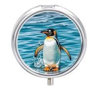 Portable Pill Organizer Small Pill Box Happy Penguin in The Water 3 Compartment Medicine Vitamin Organizer Travel Medicine Organizer with Mirror & Button Closure Cute Medication Case for Purse