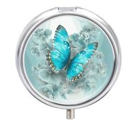 Portable Pill Organizer Small Pill Box Light Blue Butterfly 3 Compartment Medicine Vitamin Organizer Travel Medicine Organizer with Mirror & Button Closure Cute Medication Case for Purse
