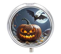 Portable Pill Organizer Small Pill Box Magic Pumpkin 3 Compartment Medicine Vitamin Organizer Travel Medicine Organizer with Mirror & Button Closure Cute Medication Case for Purse