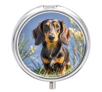 Portable Pill Organizer Small Pill Box Pad Dachshund 3 Compartment Medicine Vitamin Organizer Travel Medicine Organizer with Mirror & Button Closure Cute Medication Case for Purse