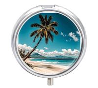 Portable Pill Organizer Small Pill Box Palm Tree Hawaii Beach 3 Compartment Medicine Vitamin Organizer Travel Medicine Organizer with Mirror & Button Closure Cute Medication Case for Purse