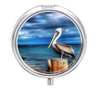 Portable Pill Organizer Small Pill Box Pelican Bird Blue Sea Sky 3 Compartment Medicine Vitamin Organizer Travel Medicine Organizer with Mirror & Button Closure Cute Medication Case for Purse