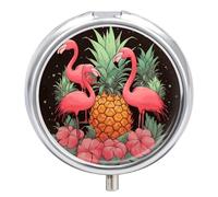 Portable Pill Organizer Small Pill Box Pineapple Flamingos 3 Compartment Medicine Vitamin Organizer Travel Medicine Organizer with Mirror & Button Closure Cute Medication Case for Purse