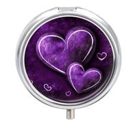 Portable Pill Organizer Small Pill Box Purple Hearts 3 Compartment Medicine Vitamin Organizer Travel Medicine Organizer with Mirror & Button Closure Cute Medication Case for Purse