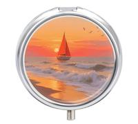 Portable Pill Organizer Small Pill Box Sailing at The Seaside 3 Compartment Medicine Vitamin Organizer Travel Medicine Organizer with Mirror & Button Closure Cute Medication Case for Purse