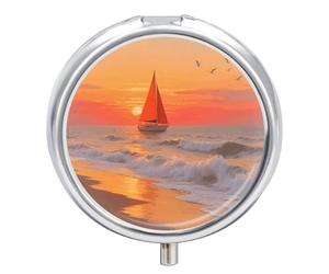 Portable Pill Organizer Small Pill Box Sailing at The Seaside 3 Compartment Medicine Vitamin Organizer Travel Medicine Organizer with Mirror & Button Closure Cute Medication Case for Purse