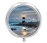 Portable Pill Organizer Small Pill Box Sea Lighthouse 3 Compartment Medicine Vitamin Organizer Travel Medicine Organizer with Mirror & Button Closure Cute Medication Case for Purse