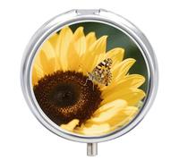 Portable Pill Organizer Small Pill Box Sunflower 3 Compartment Medicine Vitamin Organizer Travel Medicine Organizer with Mirror & Button Closure Cute Medication Case for Purse