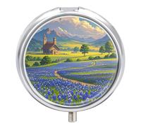 Portable Pill Organizer Small Pill Box Texas Bluebonnets Scenery 3 Compartment Medicine Vitamin Organizer Travel Medicine Organizer with Mirror & Button Closure Cute Medication Case for Purse