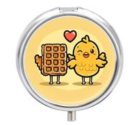 Portable Pill Organizer Small Pill Box Waffles and Chicken 3 Compartment Medicine Vitamin Organizer Travel Medicine Organizer with Mirror & Button Closure Cute Medication Case for Purse