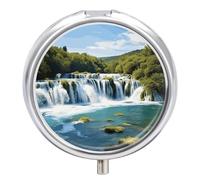 Portable Pill Organizer Small Pill Box Waterfalls on Krka River 3 Compartment Medicine Vitamin Organizer Travel Medicine Organizer with Mirror & Button Closure Cute Medication Case for Purse