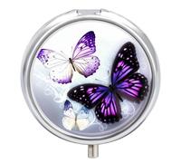 Portable Pill Organizer Small Pill Box White Purple Butterflies 3 Compartment Medicine Vitamin Organizer Travel Medicine Organizer with Mirror & Button Closure Cute Medication Case for Purse