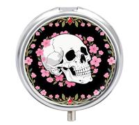 Portable Pill Organizer Small Pill Box White Skull & Pink Cherry Blossoms 3 Compartment Medicine Vitamin Organizer Travel Medicine Organizer with Mirror & Button Closure Cute Medication Case for Purse