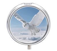 Portable Pill Organizer Small Pill Box White Snowy Owl 3 Compartment Medicine Vitamin Organizer Travel Medicine Organizer with Mirror & Button Closure Cute Medication Case for Purse