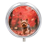 Portable Pill Organizer Small Pill Box Yorkshire Terrier in Maple Forest 3 Compartment Medicine Vitamin Organizer Travel Medicine Organizer with Mirror & Button Closure Cute Medication Case for Purse