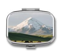 Portable Pill Organizer Snow - Capped Mountain Small Pill Box 2 Compartment Medicine Vitamin Organizer Travel Medicine Organizer with Mirror & Button Closure Cute Medication Case for Purse
