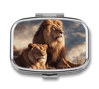 Portable Pill Organizer Two Lions Small Pill Box 2 Compartment Medicine Vitamin Organizer Travel Medicine Organizer with Mirror & Button Closure Cute Medication Case for Purse