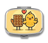 Portable Pill Organizer Waffles and Chicken Small Pill Box 2 Compartment Medicine Vitamin Organizer Travel Medicine Organizer with Mirror & Button Closure Cute Medication Case for Purse