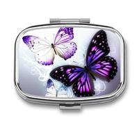 Portable Pill Organizer White Purple Butterflies Small Pill Box 2 Compartment Medicine Vitamin Organizer Travel Medicine Organizer with Mirror & Button Closure Cute Medication Case for Purse