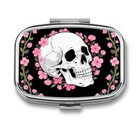 Portable Pill Organizer White Skull & Pink Cherry Blossoms Small Pill Box 2 Compartment Medicine Vitamin Organizer Travel Medicine Organizer with Mirror & Button Closure Cute Medication Case for Purse