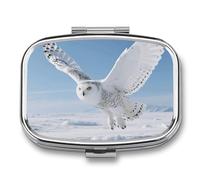 Portable Pill Organizer White Snowy Owl Small Pill Box 2 Compartment Medicine Vitamin Organizer Travel Medicine Organizer with Mirror & Button Closure Cute Medication Case for Purse