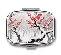 Portable Pill Organizer Winter Plum Grove Small Pill Box 2 Compartment Medicine Vitamin Organizer Travel Medicine Organizer with Mirror & Button Closure Cute Medication Case for Purse