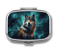 Portable Pill Organizer Wolf Under The Starry Sky Small Pill Box 2 Compartment Medicine Vitamin Organizer Travel Medicine Organizer with Mirror & Button Closure Cute Medication Case for Purse